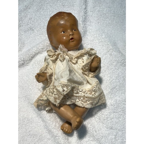 Antique 30s Composition RubberBand Doll 9" in size- original Dress -rareFragile - Picture 4 of 16